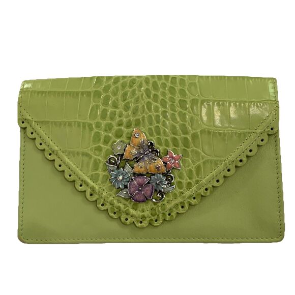 Brighton Leather Butterfly & Floral Appliqué Jewel Leather Wallet  Clutch Green - Picture 1 of 10